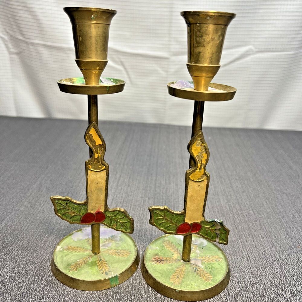 Vtg Patina Brass Taper Candlestick Holders Christmas Candle w/Holly India OOAK